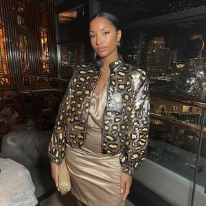 Vintage Sequin Leopard Bomber Jacket Size 2X Silk Rayon Glam 80s 90s